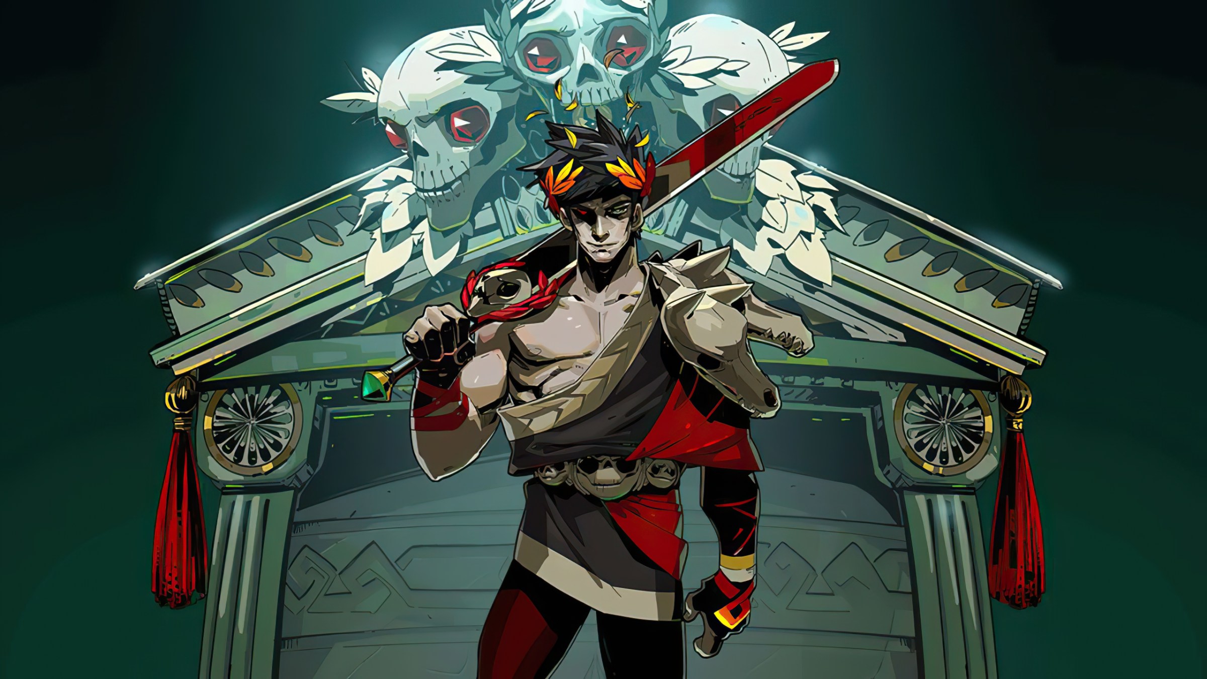 The most important art from Hades shows Zagreus in front of a richly decorated building holding a sword