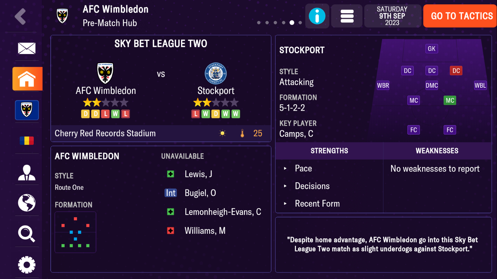 A menu from Football Manager 2024 Mobile showing a match between AFC Wimbledon and Stockport in League Two