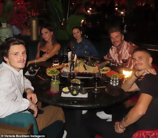 Victoria was sweating again and sharing her sports news, less than a week after her family trip to Las Vegas (the family pictured at dinner)