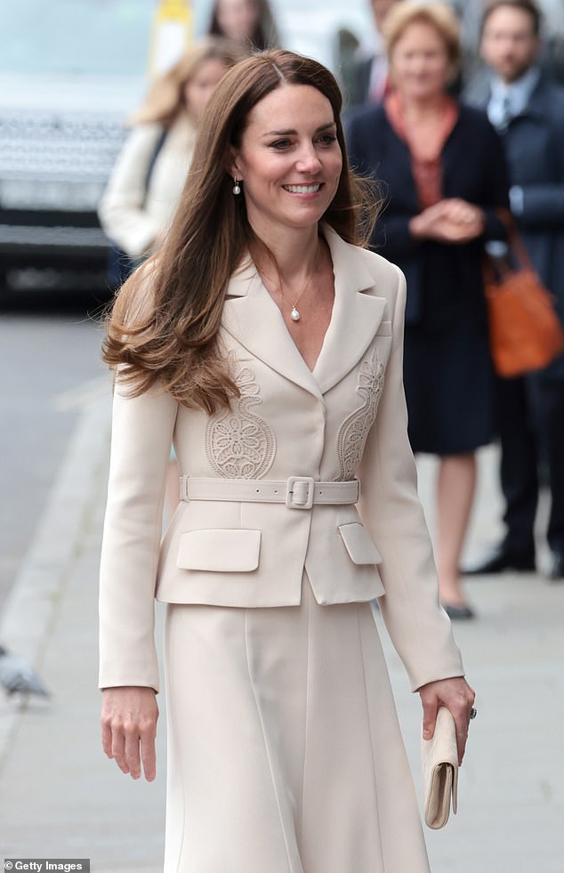 The Princess of Wales paired a Self-Portrait dress with a delicate pearl necklace by Monica Vinader for a visit to the Royal College of Midwives in 2022