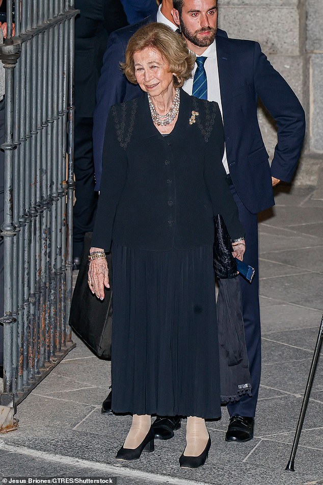 Queen Sofia of Spain (pictured), 85, mother of King Felipe, was also present at the Armed Forces Cathedral in Madrid