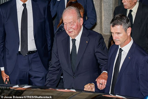 King Juan Carlos I (pictured), 86, attended the funeral of his cousin Juan Gómez-Acebo, who died at the age of 54 after a battle with cancer.