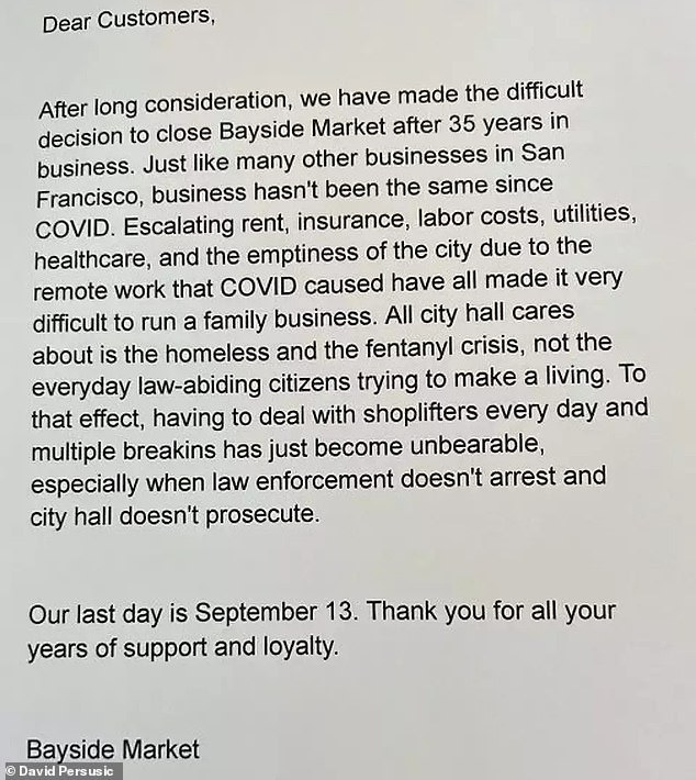 In a letter to customers posted on David Pesusic's doorstep courtesy of the company, he elaborated on his comments and explained why he was closing the doors after more than three decades in business