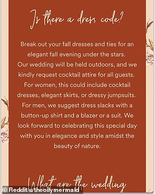 The woman, who was accused by many of being a 'bridezilla', had also sent her guests a dress code ahead of her wedding