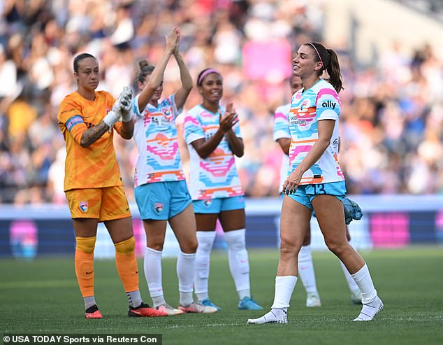 Morgan was greeted by the crowd and her San Diego Wave teammates as she left the court