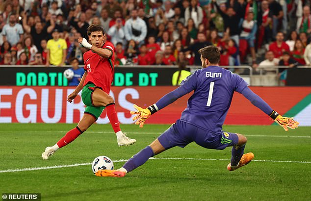 Angus Gunn had an at times inspiring night in goal, this time keeping Joao Felix offside