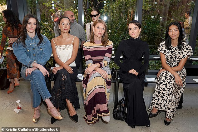 Danes (center), 45, and Deutch, 29 (second from right), were also spotted in the front row, alongside Sarah Pidgeon (left), Juliana Canfield (second from left) and Constance Tsang (right)