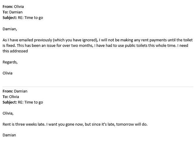 After living with an unusable toilet for over two months, the tenant decided to withhold her rent until the problem was resolved, but Damian demanded that she leave immediately