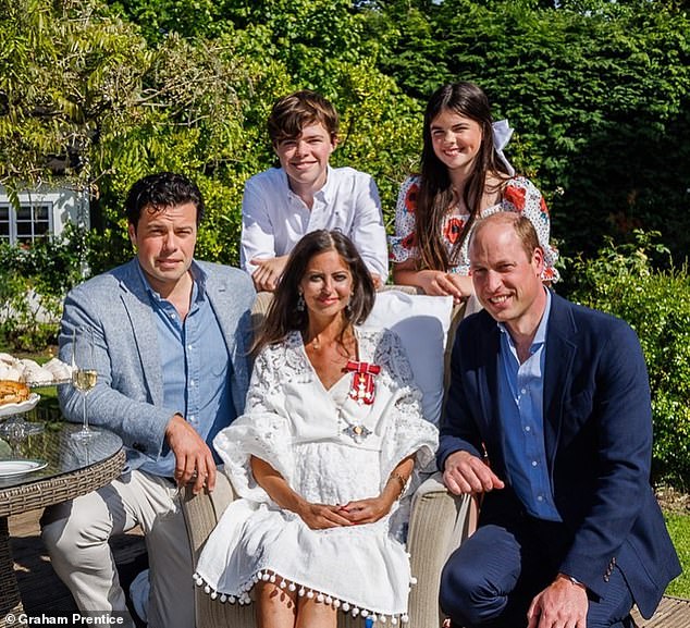 Pictured: Dame Deborah James with her husband, two children and the Prince of Wales in 2022