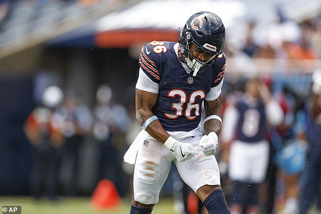 Owens celebrates his goal in the third quarter of the Bears' season opener on Sunday