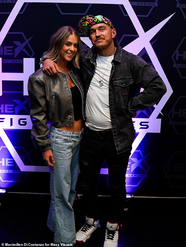 The couple looked relaxed and in love as they posed together at the HEX Fight Series 32 event at Melbourne Pavilion on Monday night