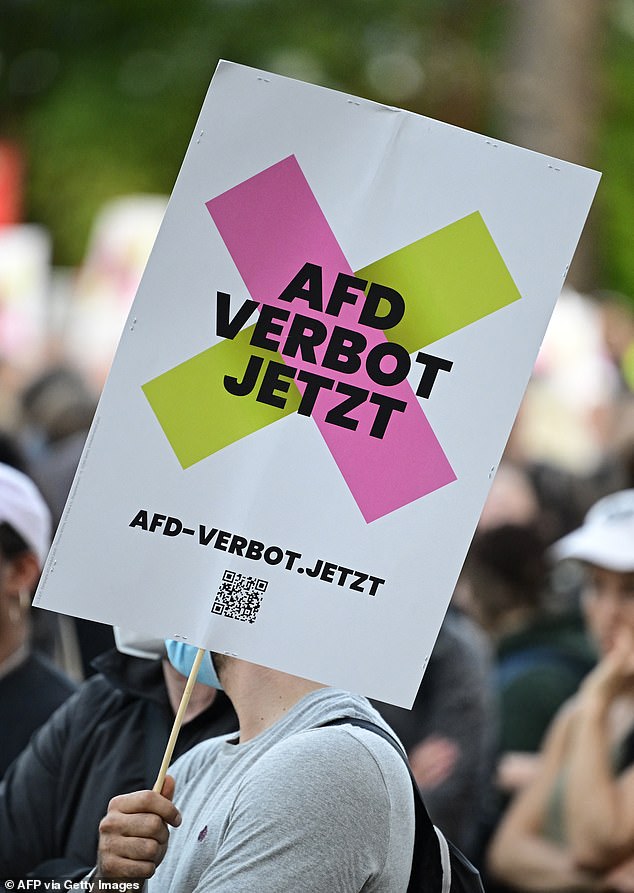 Protesters display a banner reading 'AFD ban now' during a demonstration in Erfurt, 1/9