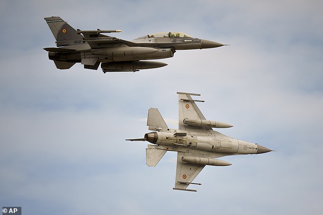 Romania deployed F-16 fighter jets to monitor its airspace and NATO allies were kept informed, the Ministry of National Defense said (file photo of Romanian Air Force F-16 fighter jets)