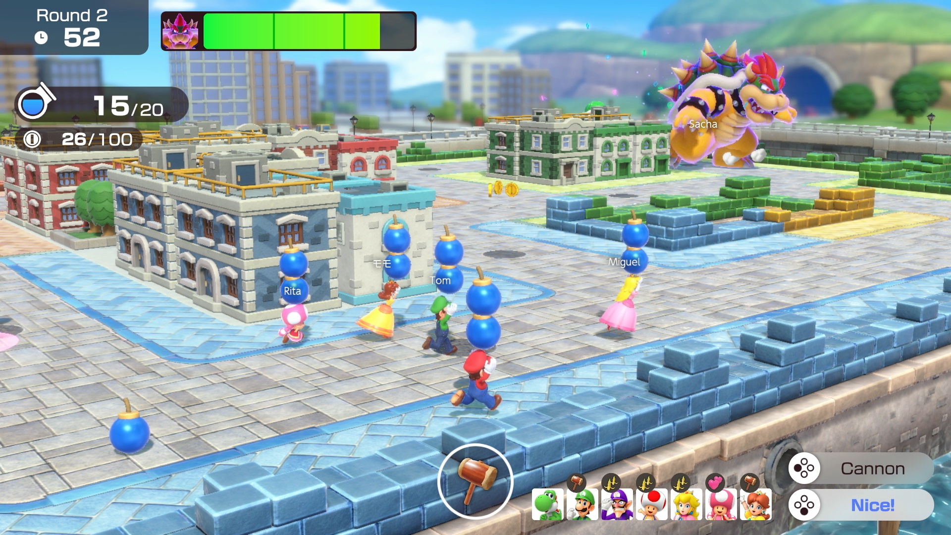 Several Nintendo characters run with bombs above their heads in a screenshot from Super Mario Party Jamboree