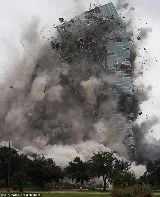 The Hertz Tower in Lake Charles, Louisiana collapsed in seconds on Saturday after a demolition crew set off a series of explosions in the tower