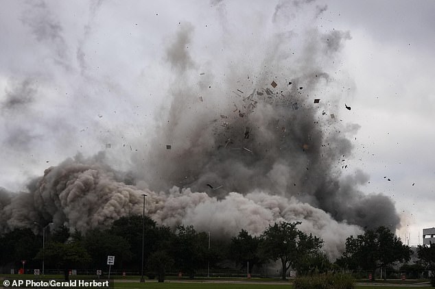 The building was a dominant feature of the Lake Charles skyline for more than four decades. But after Hurricanes Laura and Delta tore through the skyscraper in 2020, causing an estimated $167 million in damage, Hertz Tower became an eyesore. The photo shows the moment the building imploded on Saturday