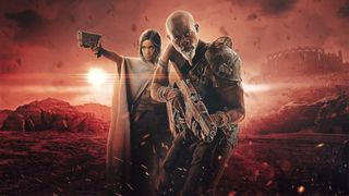 A promotional photo for Rebel Moon Chapter One: Chalice of Blood, showing Kora and Titus with guns in their hands