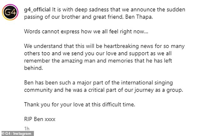 The group's Instagram account revealed the devastating news with a sad message alongside photos of Ben