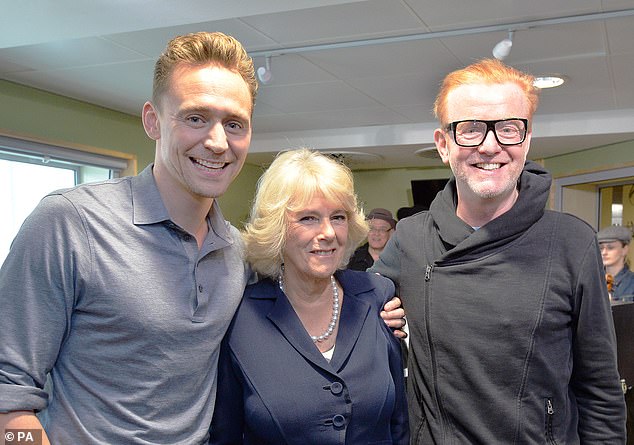 Camilla with Tom Hiddleston (left) and Chris Evans at BBC Radio 2 headquarters in London