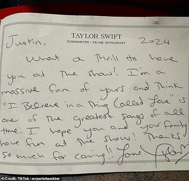 As the clip began, Justin revealed that he had watched Taylor's Eras Tour show in Zurich weeks earlier — and how a personal letter from the singer saying she was a fan of the song had surprised his daughter