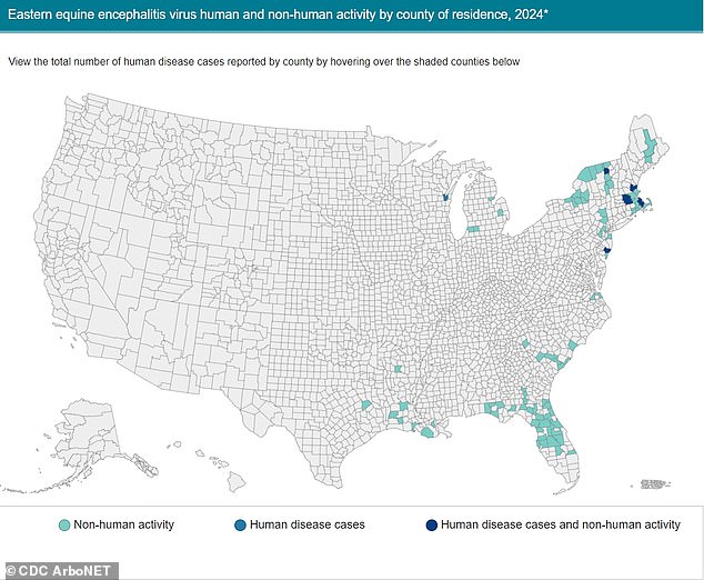 The CDC maintains a national registry of reported cases of EEE found in animals and reports them live on their website. Most cases this year have been concentrated in the Northeast. The map shows totals as of September 9, 2024