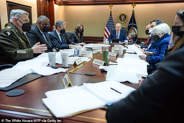 U.S. President Joe Biden (center) meets with the National Security Council on the crisis between Ukraine and Russia, in the situation room of the White House in Washington, DC, on February 24, 2022