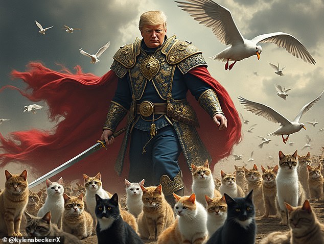 Another AI image shows the former president wielding a sword and armor behind his animal friends