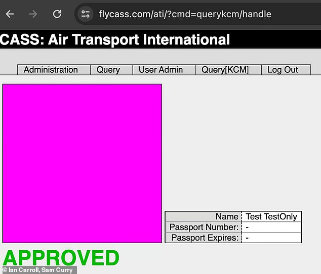 Carrol and Curry reported that they were able to upload a fake airline employee named 'Test TestOnly' (above) and authorize the fake employee for both KCM and CASS access