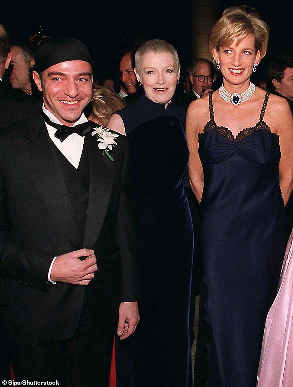 John Galliano's first couture client was Princess Diana. He dressed her for the 1996 Met Gala in a silk dress with a negligee trim (pictured with fashion editor Liz Tilberis)