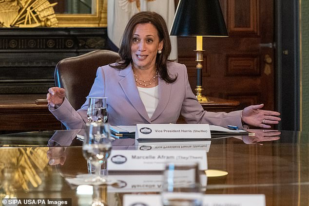 United States Vice President Kamala Harris hosts a roundtable discussion marking LGBTQ+ Pride Month in the Vice President's Office in the Eisenhower Executive Office Building