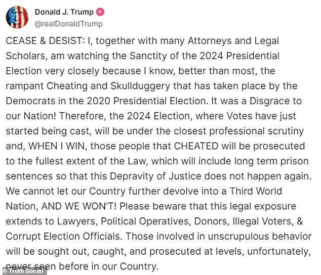 Donald Trump indicated in a post on Truth Social this weekend that he believes the 2024 election will be stolen from him