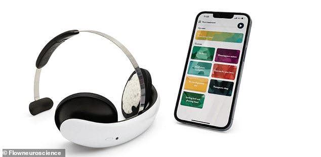 The Flow headset, which does not require a prescription, is described as a “wearable brain stimulation device that uses transcranial direct stimulation (tDCS) to activate the left dorsolateral prefrontal cortex,” parts of the brain responsible for mood regulation