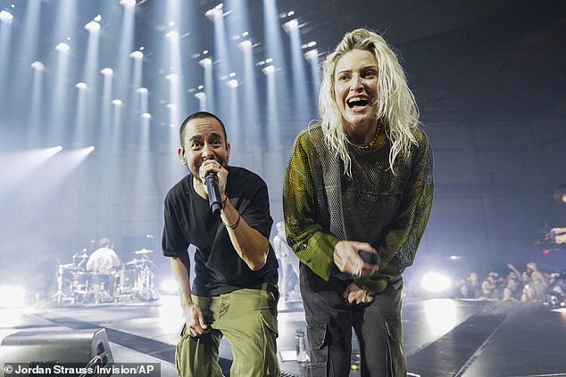 Shinoda and Armstrong photographed on stage in LA earlier this month