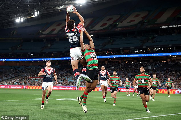 Mark Nawaqanitawase's first-half effort from a cross-field kick from Luke Keary showed his athleticism (pictured)