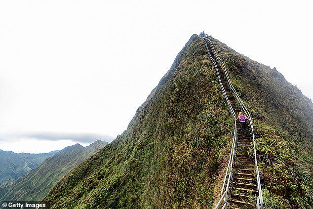 Built by the U.S. Navy during World War II, the staircase consists of 4,000 steel steps that climb a steep mountain ridge. They were abandoned shortly after construction