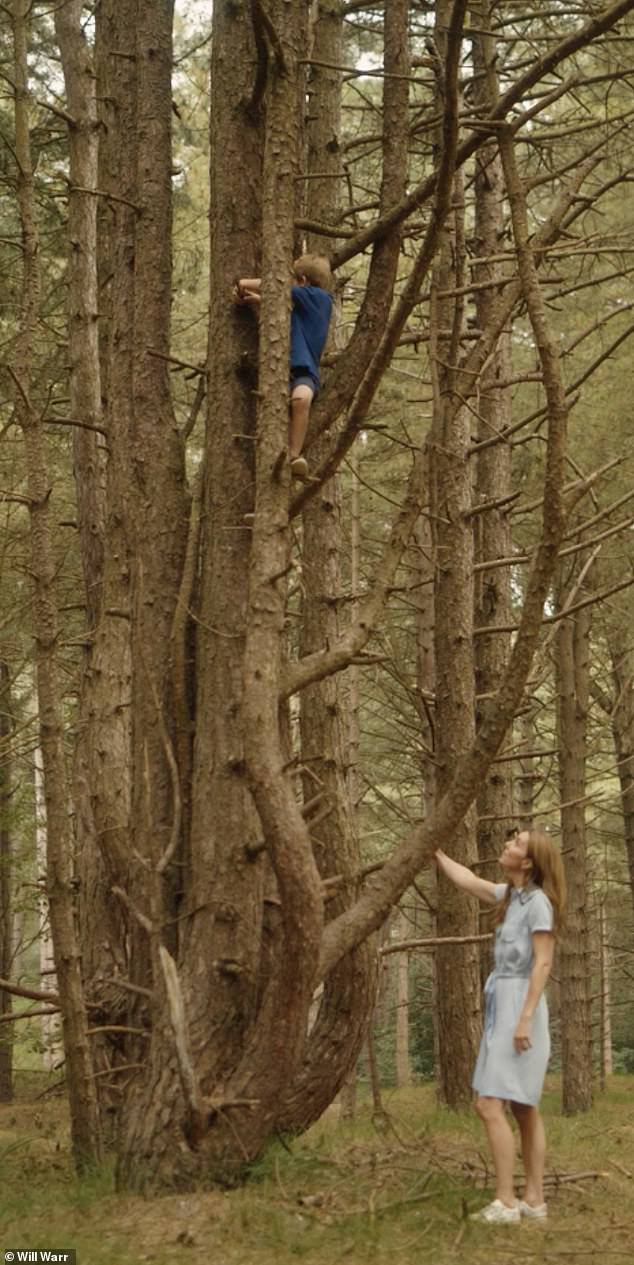 Cheeky Louis climbs a tree while his mother watches