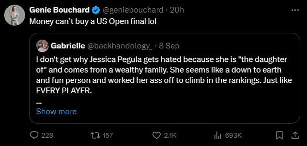 Some fans interpreted a comment from Bouchard as a mockery of the 30-year-old's family wealth