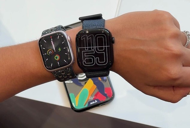 Finally, I managed to get my hands on the Apple Watch 10 (pictured right next to the Apple Watch 9). Coming in at 30 per cent larger than last year's Apple Watch 9, it's pretty huge and takes up most of my wrist