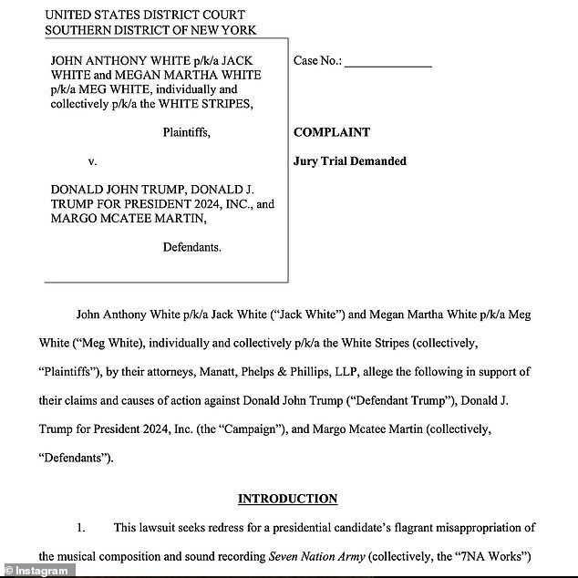 On Monday, Jack posted the first page of the lawsuit on his Instagram and captioned it: 'This machine is suing fascists'