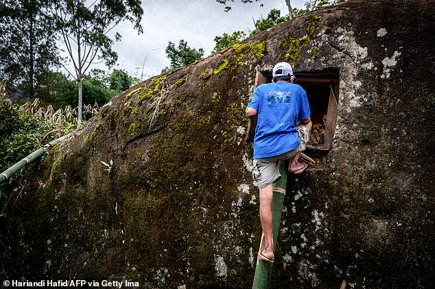 A member of the Toraja ethnic group opens the grave of his relatives during the traditional ritual known as Manene in Pangala, South Sulawesi, on August 27, 2024