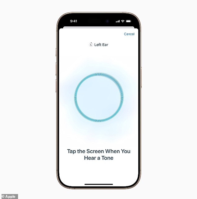 First, a hearing test is performed where users tap the screen when they hear different sounds at different volumes and frequencies