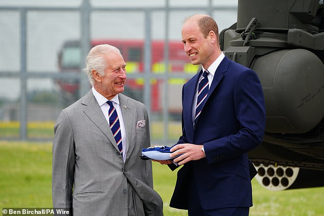 King Charles III and William during a visit to the Army Aviation Centre in Middle Wallop on 13 May, where the King officially handed over the role of Colonel-in-Chief of the Army Air Corps