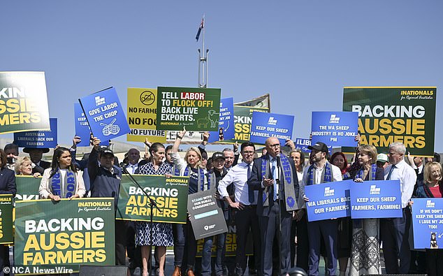 Opposition Leader Peter Dutton is pictured addressing the crowd, along with David Littleproud, Jacinta Price, Bridget McKenzie, Michaelia Cash and other Coalition members