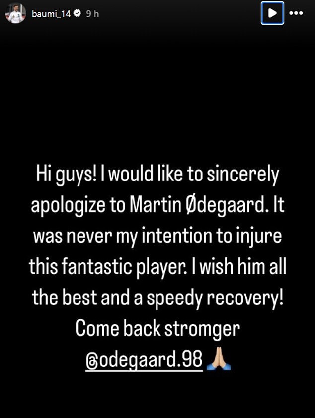 Baumgartner apologized on social media and sent his best wishes to the midfielder