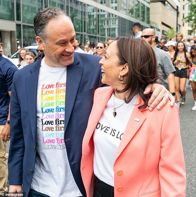 Kamala Harris and her husband Doug Emhoff attend a PRIDE parade in 2023