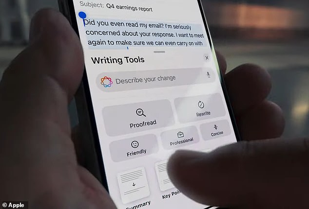 Huawei has also announced that the Mate XT will include AI features, including text editing tools that bear a striking resemblance to the features announced as part of Apple Intelligence (pictured)