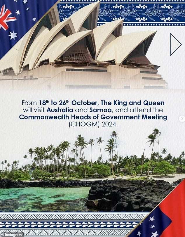 The official announcement of the tour on the royal family's Instagram account states that after their tour of Australia, the King and Queen will visit Samoa for the CHOGM meeting