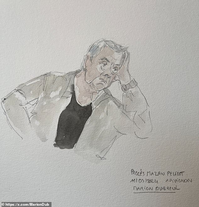 Dominique Pélicot, seen in this courtroom drawing, appeared briefly on Wednesday, his left hand supporting his head as he leaned against the side of a gallery