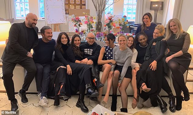 Meghan Markle has opened up about how her friends 'surprised' her with a 'beautiful' baby shower at The Mark Hotel in Manhattan when she was expecting her son Archie (pictured: the Duchess with friends including Abigail Spencer, Daniel Martin, Misha Nonoo, Serena Williams and Lindsay Roth)