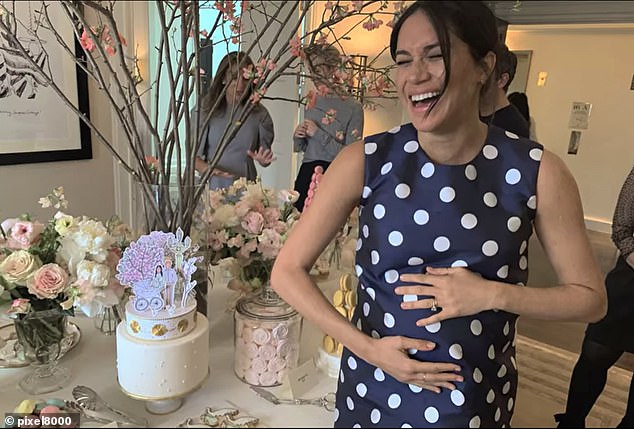 In one photo, Meghan is seen wearing a navy polka dot dress, laughing with her friends